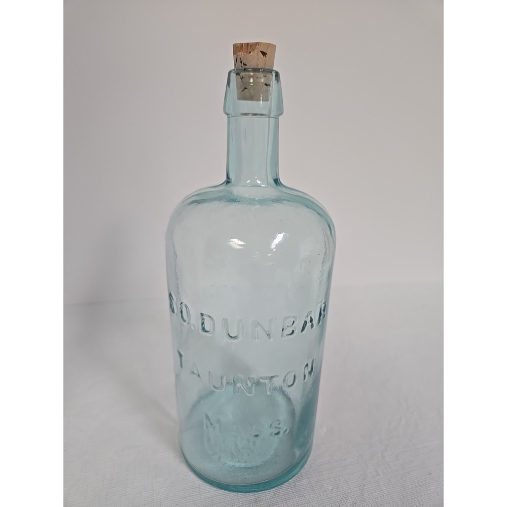 Antique S.O. Dunbar Taunton Mass Aqua Glass Druggist Apothecary Bottle